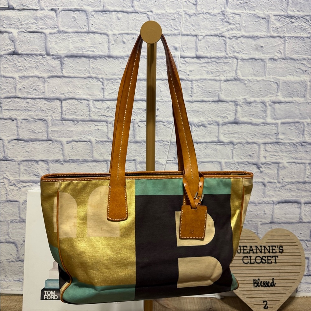 Vintage Bally shoulder bag canvas leather trim/handles multicolor has dirtiness